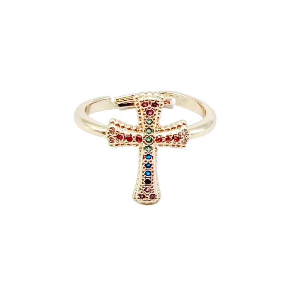 184. Multi Colored Crystal Cross Adjustable Gold Ring